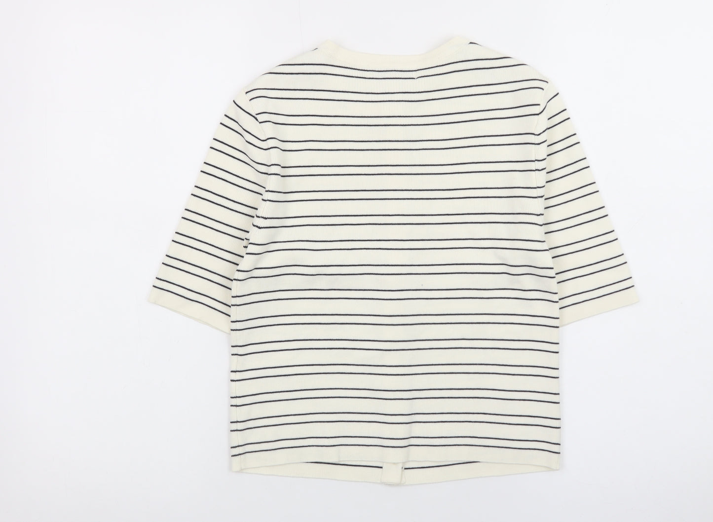 Marks and Spencer Women Ivory Striped 3/4 Sleeve Button-Up Knit Top Size S