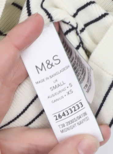Marks and Spencer Women Ivory Striped 3/4 Sleeve Button-Up Knit Top Size S