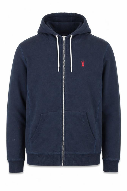 Front view of Guess Men’s Blue Full Zip Hoodie, size M, Logo Fleece Sweatshirt