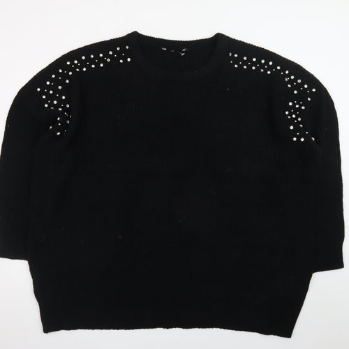 Yours Women's Black Rhinestone Crew Neck Plus Size 26 Pullover Jumper