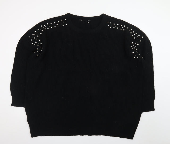 Yours Women's Black Rhinestone Crew Neck Plus Size 26 Pullover Jumper