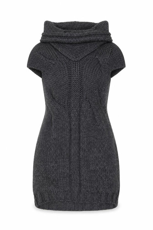Front view of Next women’s grey knit cowl neck short sleeve jumper dress, size UK 8