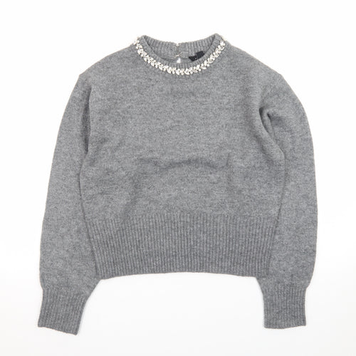 New Look Women Grey Beaded Crew Neck Long Sleeve Pullover Jumper M