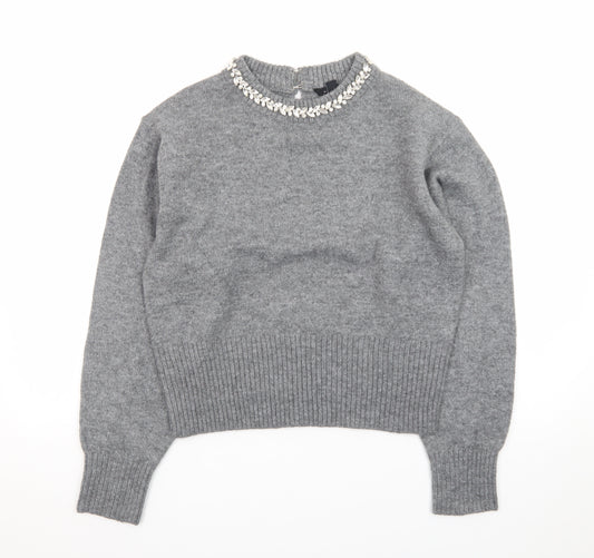 New Look Women Grey Beaded Crew Neck Long Sleeve Pullover Jumper M