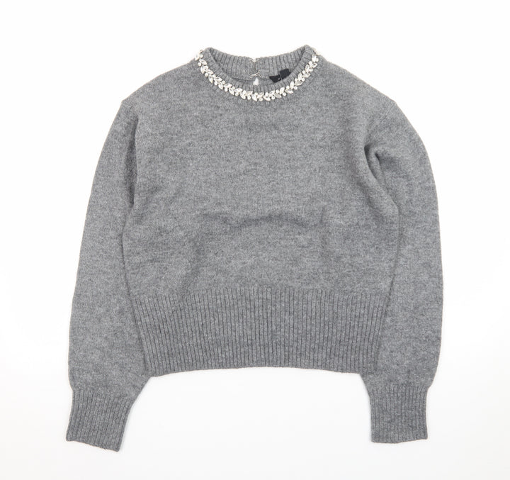 New Look Women Grey Beaded Crew Neck Long Sleeve Pullover Jumper M