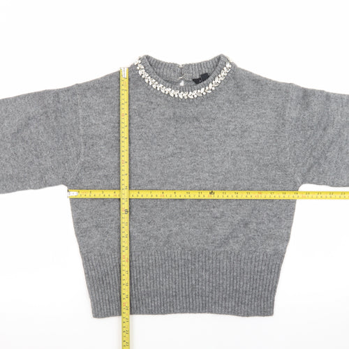 New Look Women Grey Beaded Crew Neck Long Sleeve Pullover Jumper M