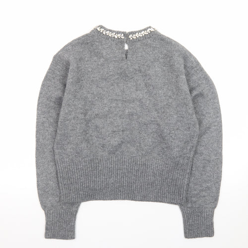 New Look Women Grey Beaded Crew Neck Long Sleeve Pullover Jumper M