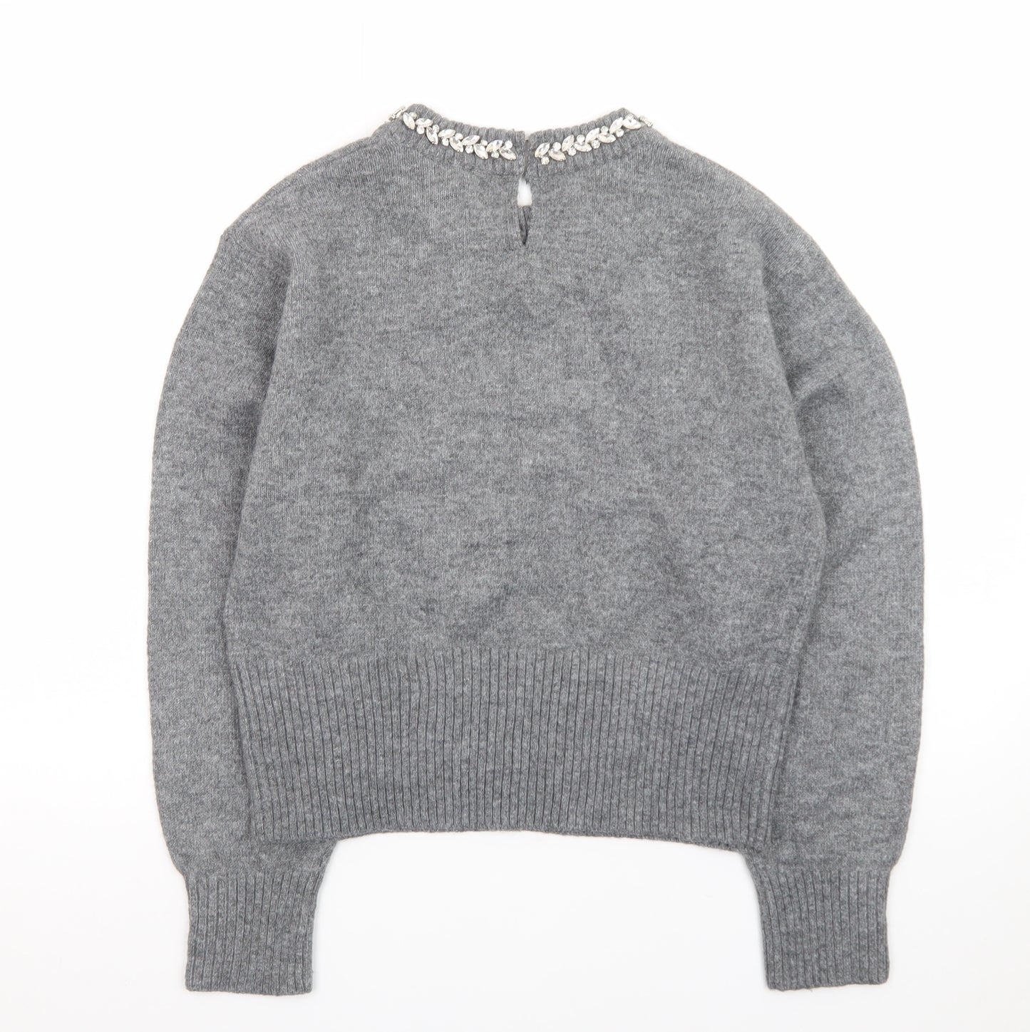New Look Women Grey Beaded Crew Neck Long Sleeve Pullover Jumper M