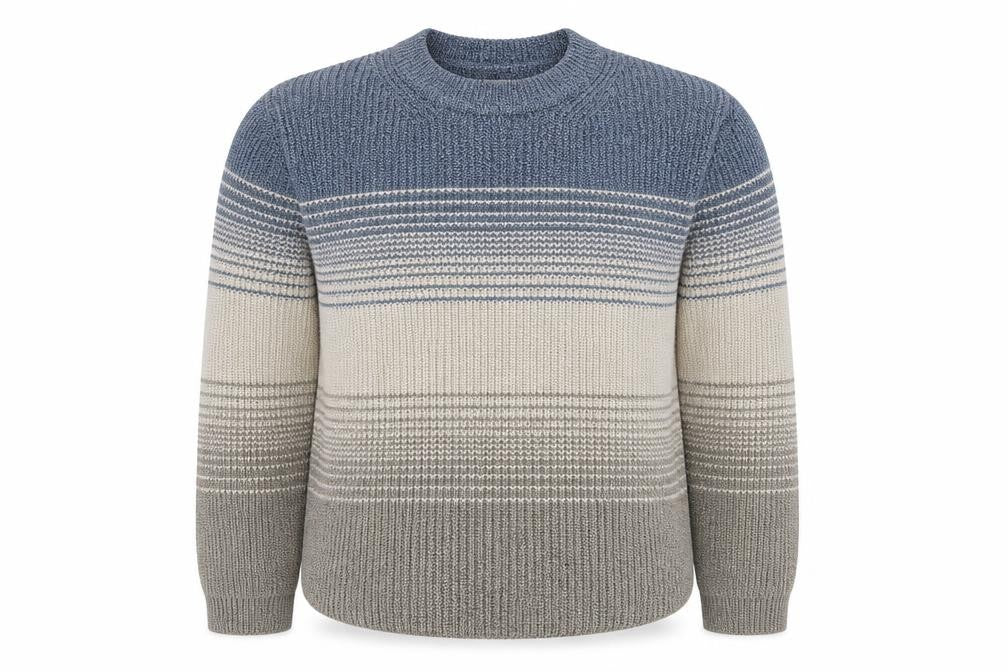 Front view of Celtic & Co. Men's Blue Wool Striped Crew Neck Jumper L