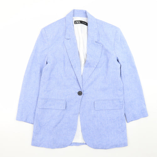 Zara Women Blue Linen Blend Single-Breasted Blazer Size 8