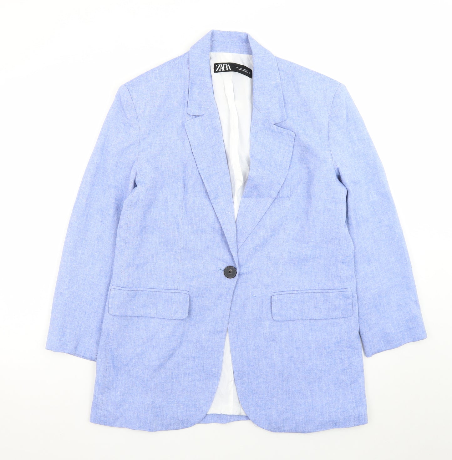 Zara Women Blue Linen Blend Single-Breasted Blazer Size 8