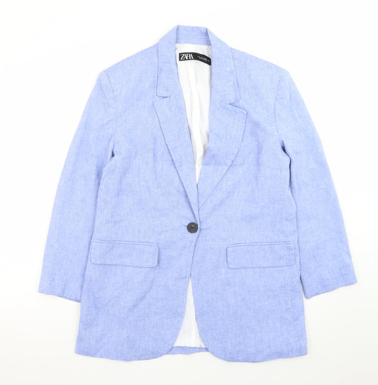 Zara Women Blue Linen Blend Single-Breasted Blazer Size 8