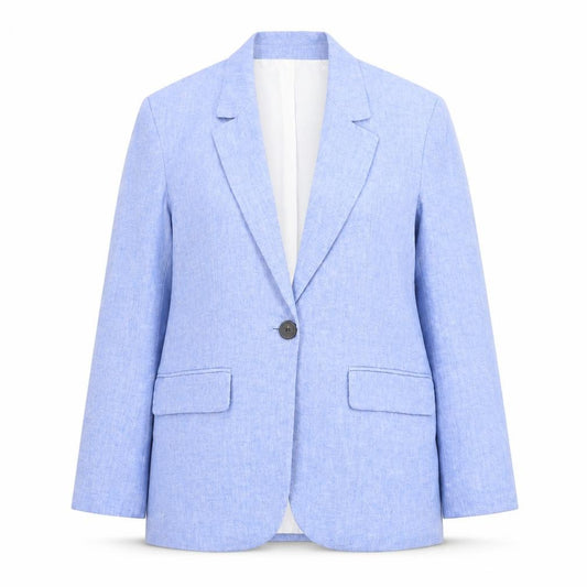 Front view of Zara Women Blue Linen Blend Single-Breasted Blazer, size 8