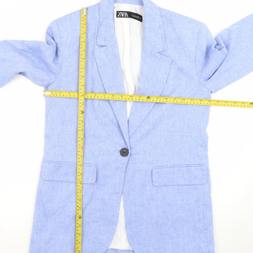 Zara Women Blue Linen Blend Single-Breasted Blazer Size 8