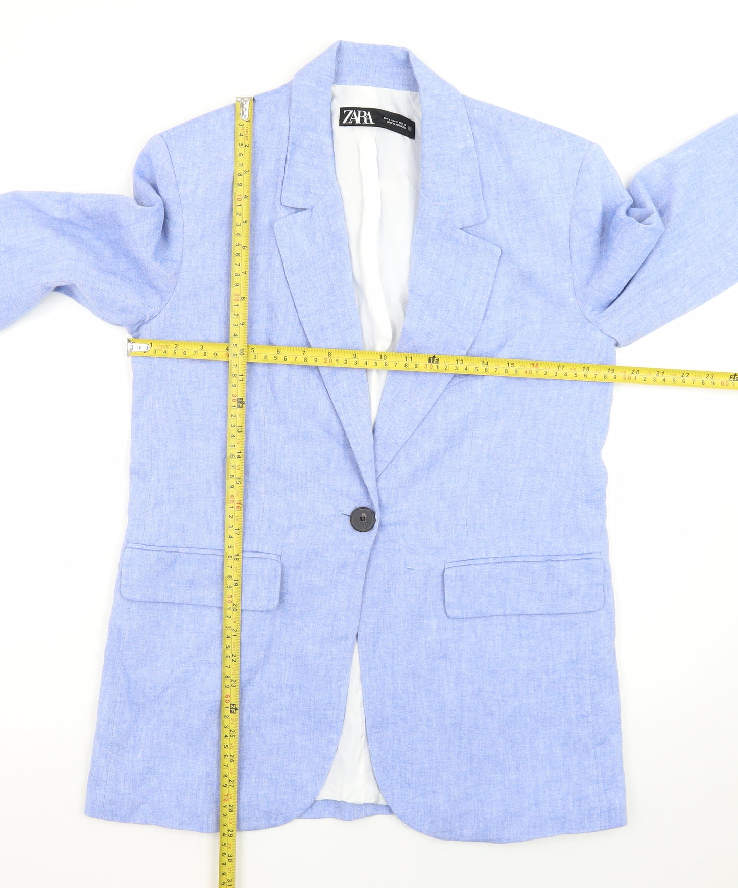 Zara Women Blue Linen Blend Single-Breasted Blazer Size 8