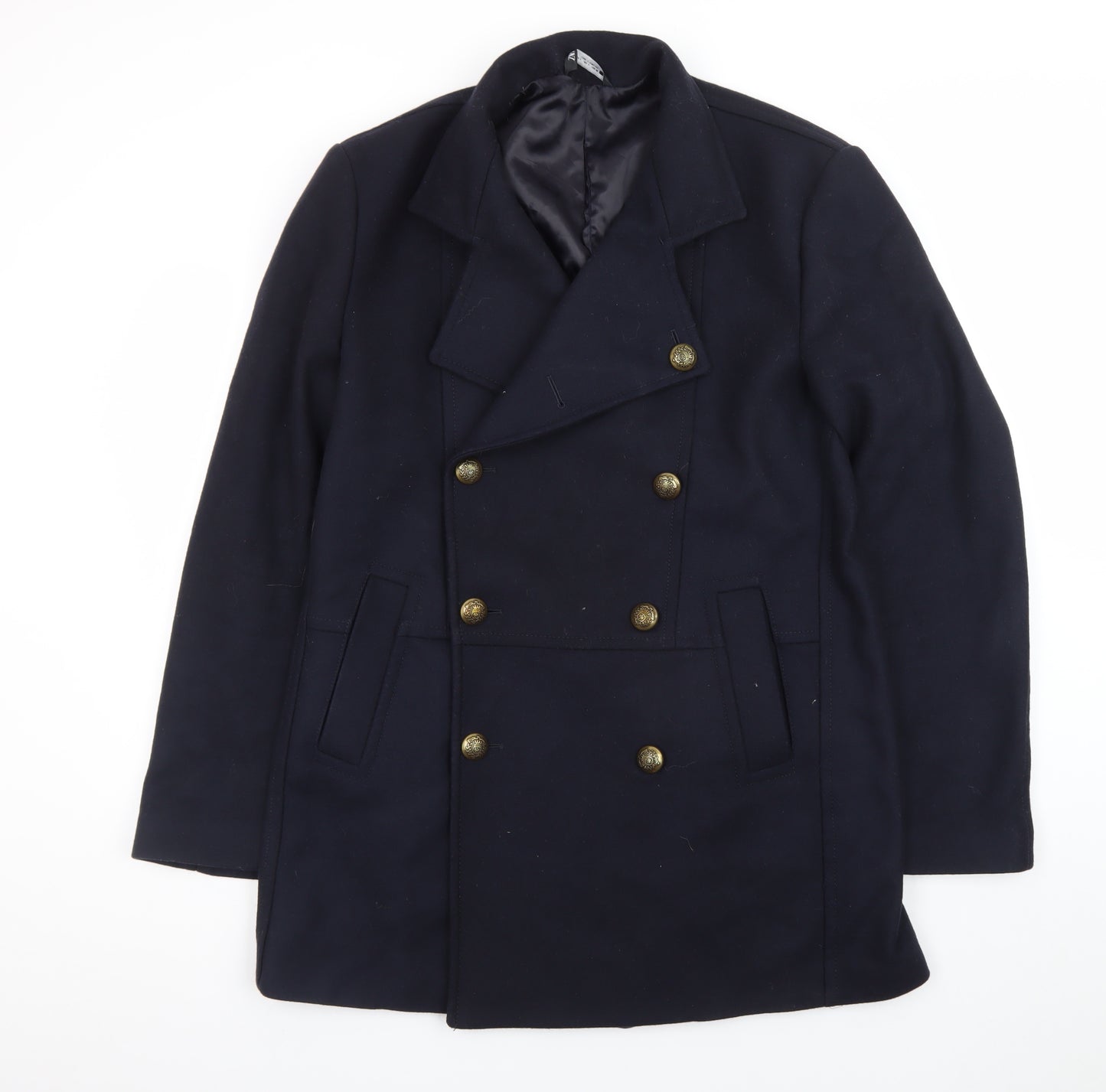 Zara Women's Navy Blue Wool Pea Coat Size 14 Classic Double-Breasted