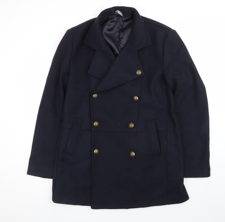 Zara Women's Navy Blue Wool Pea Coat Size 14 Classic Double-Breasted