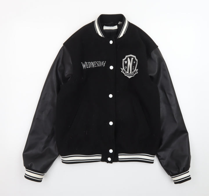 H&M Girls Black Wednesday Addams Varsity Jacket 12-13 Years Lined Casual