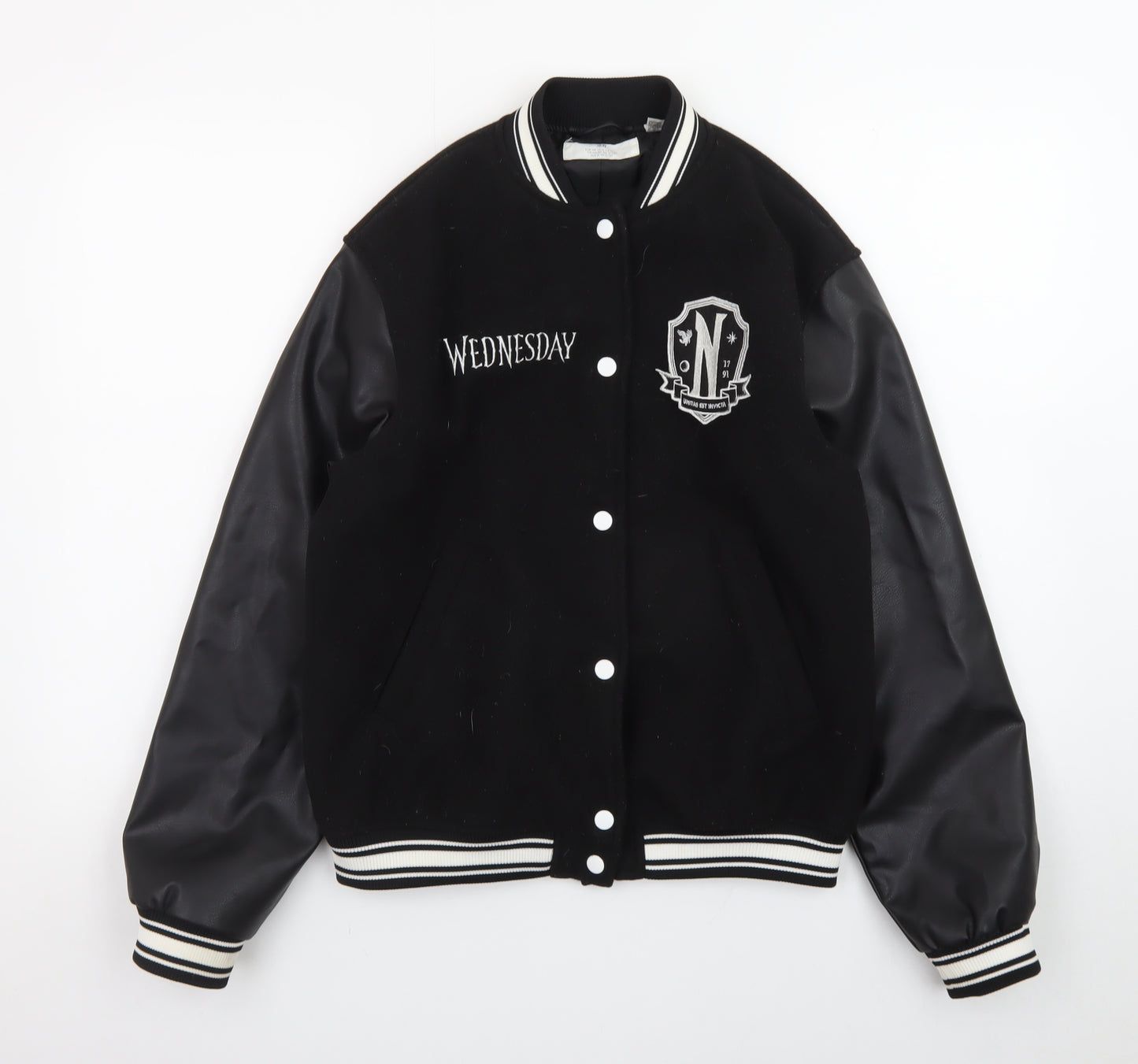 H&M Girls Black Wednesday Addams Varsity Jacket 12-13 Years Lined Casual