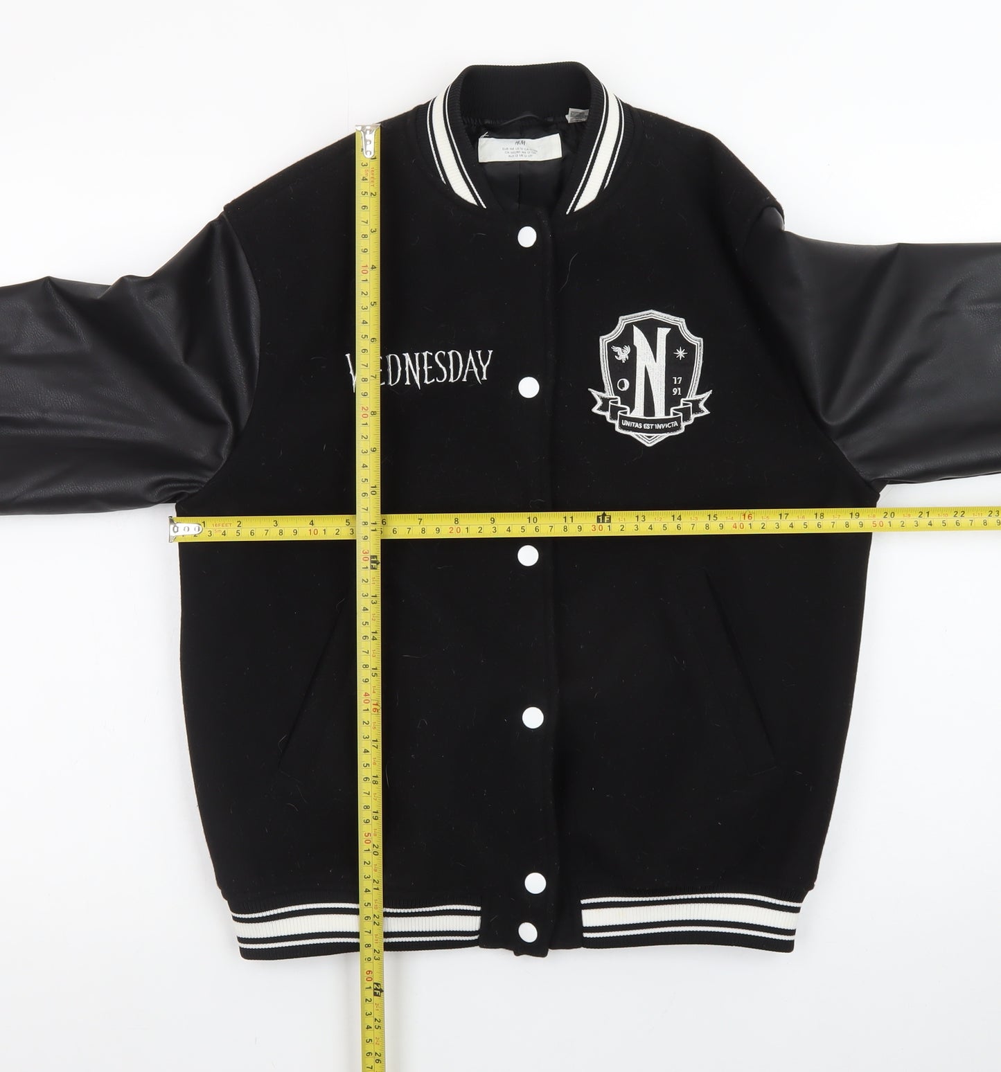 H&M Girls Black Wednesday Addams Varsity Jacket 12-13 Years Lined Casual