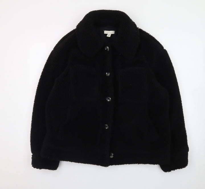 Topshop Women's Black Fleece Button Jacket M Casual Lined Polyester