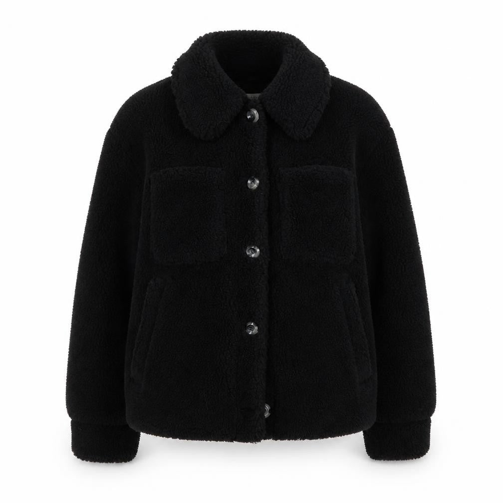 Front view of Topshop Women's Black Fleece Button Jacket M Casual Lined Polyester