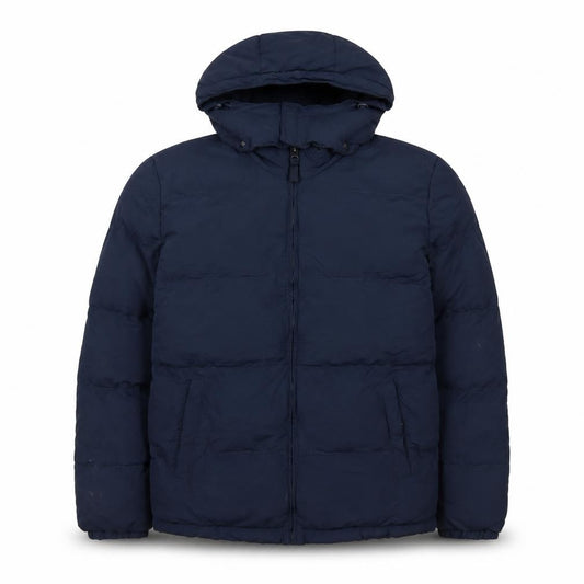 Front view of St John's Bay Men's Blue L Hooded Puffer Jacket Polyester Winter Coat