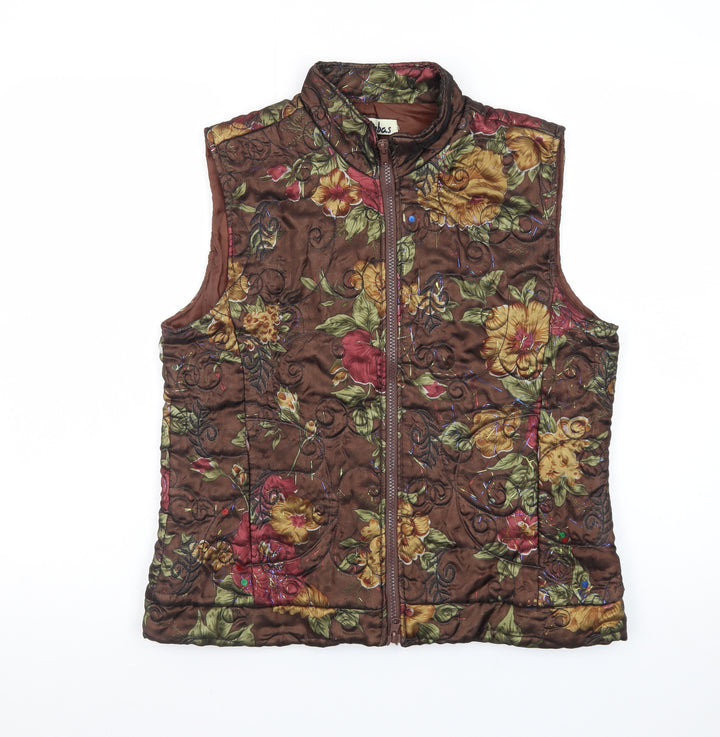 Lebas Women's Brown Floral Quilted Waistcoat M Regular Fit