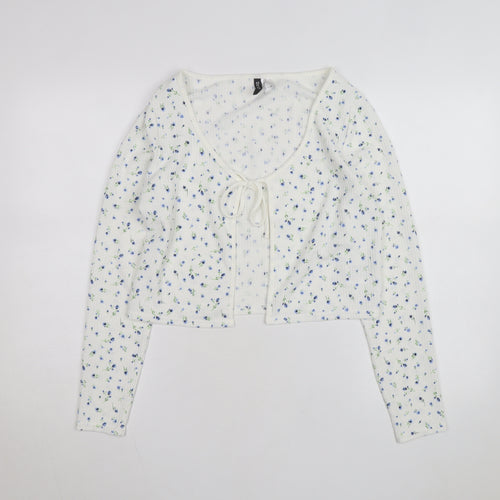 H&M Divided Women's White Floral Cropped Tie Front Long Sleeve Top Size 14