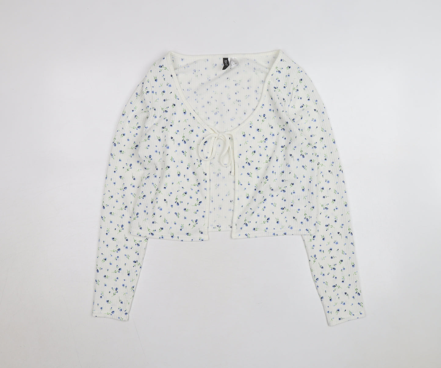 H&M Divided Women's White Floral Cropped Tie Front Long Sleeve Top Size 14