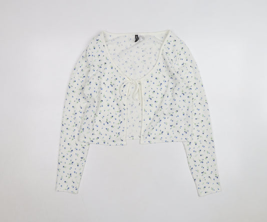 H&M Divided Women's White Floral Cropped Tie Front Long Sleeve Top Size 14