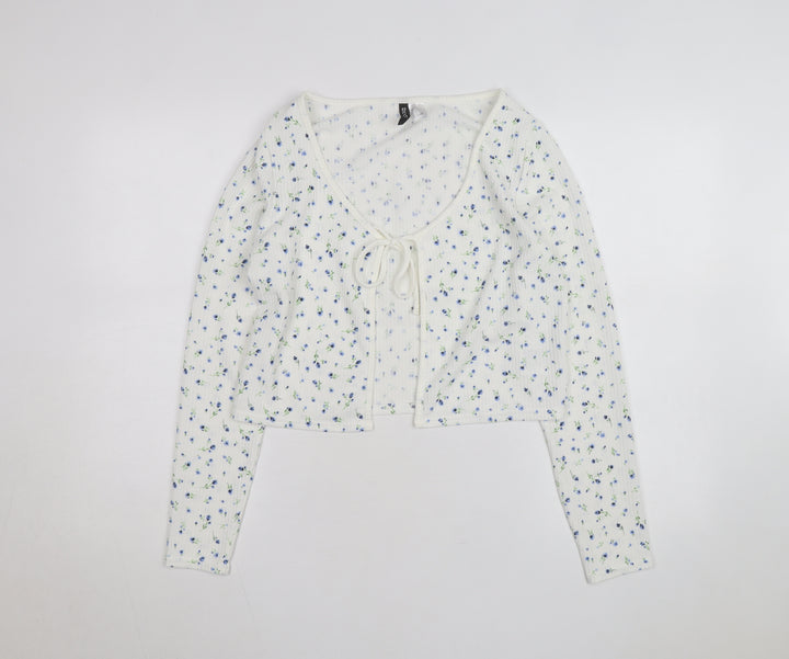 H&M Divided Women's White Floral Cropped Tie Front Long Sleeve Top Size 14