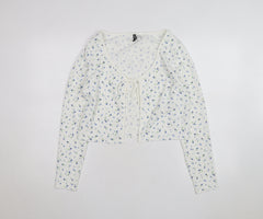 H&M Divided Women's White Floral Cropped Tie Front Long Sleeve Top Size 14