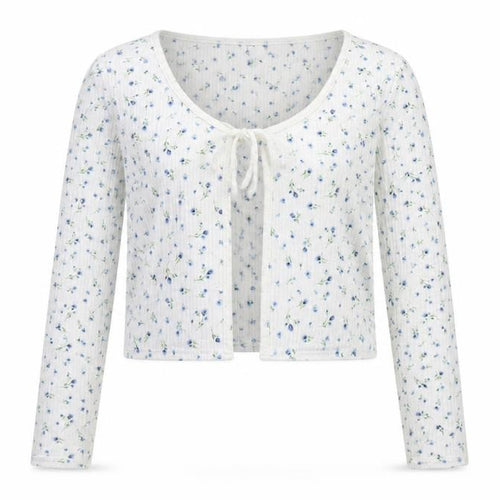 H&M Divided Women's White Floral Cropped Tie Front Long Sleeve Top Size 14
