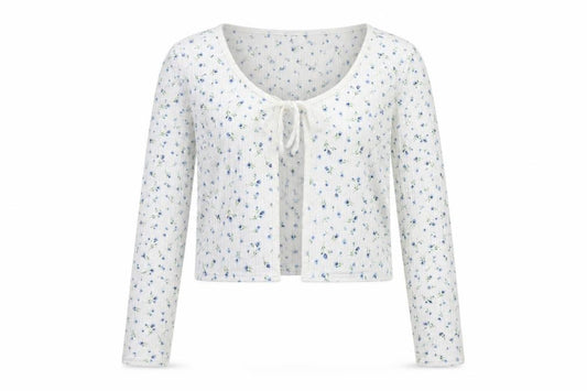 Front view of H&M Divided Women's White Floral Cropped Tie Front Long Sleeve Top, size 14