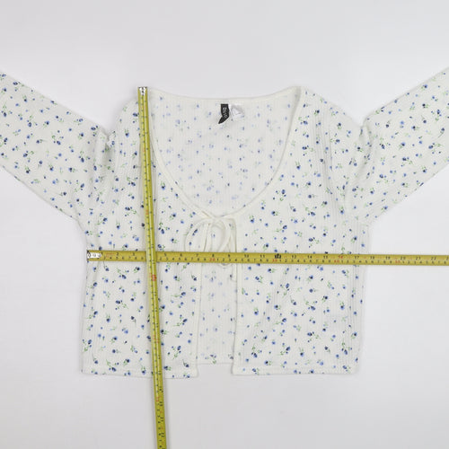 H&M Divided Women's White Floral Cropped Tie Front Long Sleeve Top Size 14