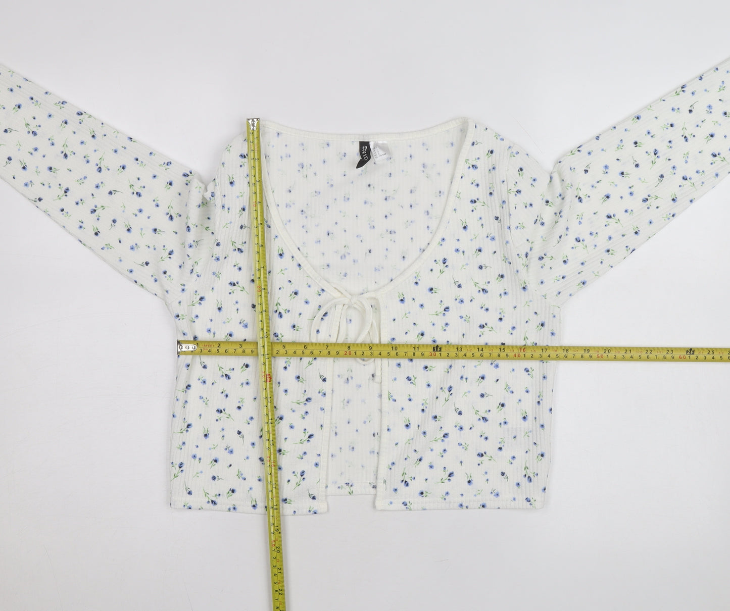 H&M Divided Women's White Floral Cropped Tie Front Long Sleeve Top Size 14