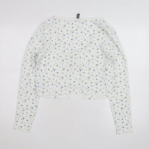 H&M Divided Women's White Floral Cropped Tie Front Long Sleeve Top Size 14