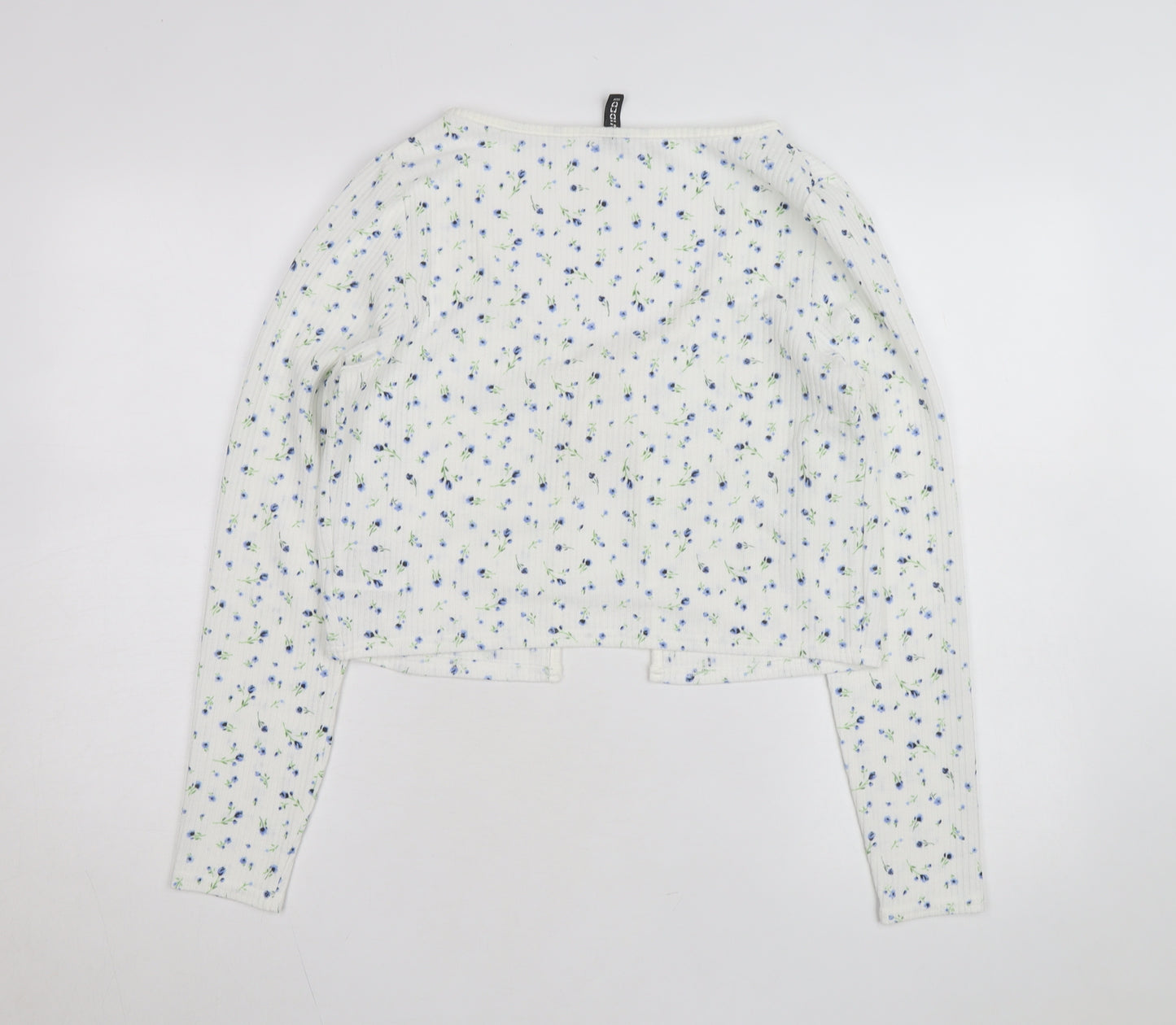 H&M Divided Women's White Floral Cropped Tie Front Long Sleeve Top Size 14