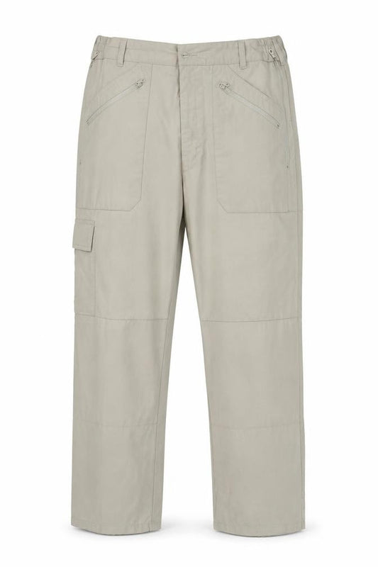 Front view of Chums men’s beige cargo trousers, size 38, regular cotton blend