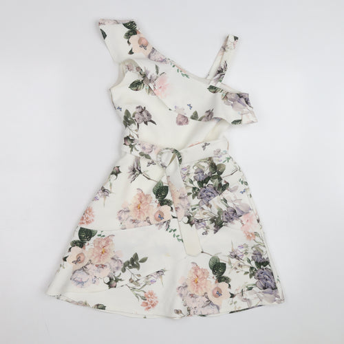 Lipsy Girls Ivory Floral One Shoulder Ruffle Fit & Flare Dress 9-10 Years