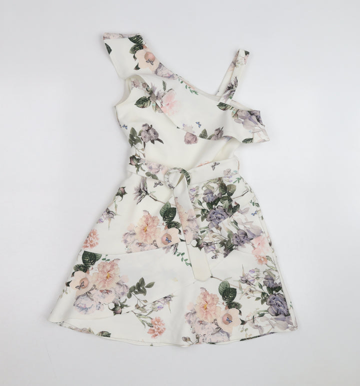 Lipsy Girls Ivory Floral One Shoulder Ruffle Fit & Flare Dress 9-10 Years