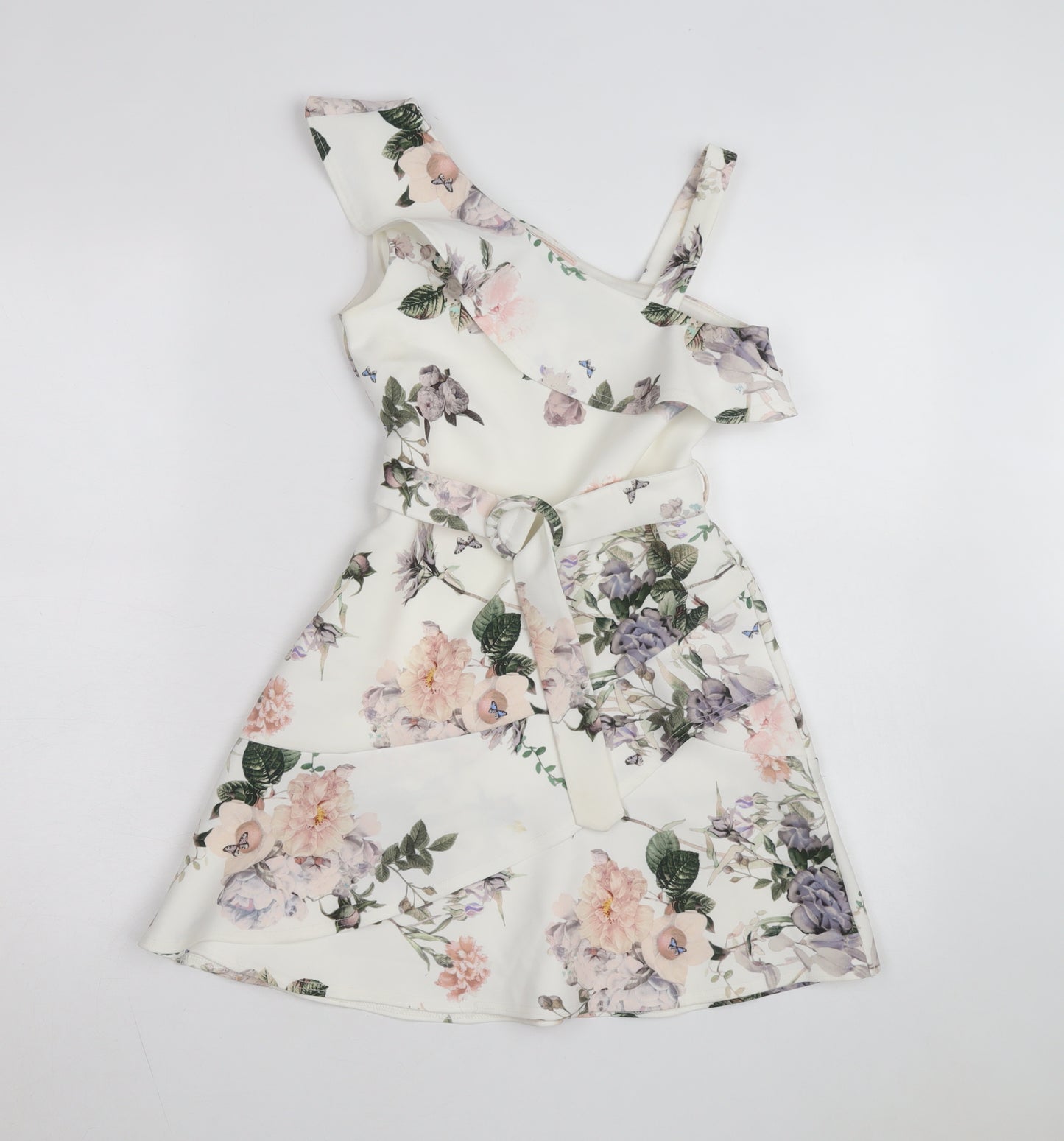Lipsy Girls Ivory Floral One Shoulder Ruffle Fit & Flare Dress 9-10 Years
