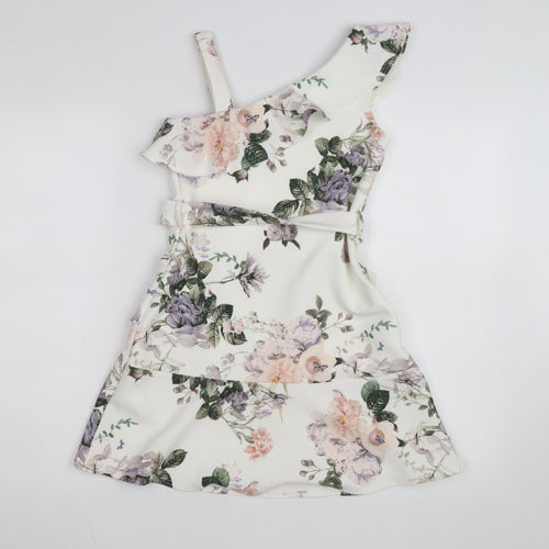 Lipsy Girls Ivory Floral One Shoulder Ruffle Fit & Flare Dress 9-10 Years