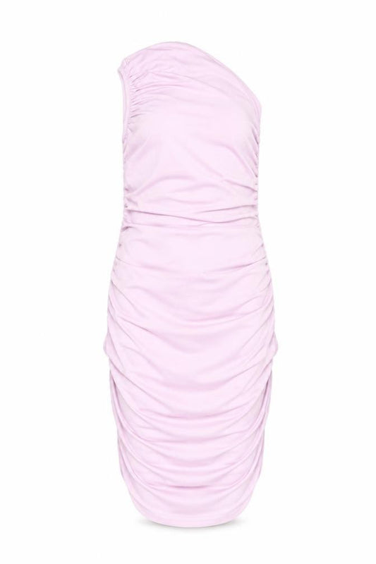 Front view of PRETTYLITTLETHING Women’s Pink Strapless Ruched Bodycon Dress, size UK 10