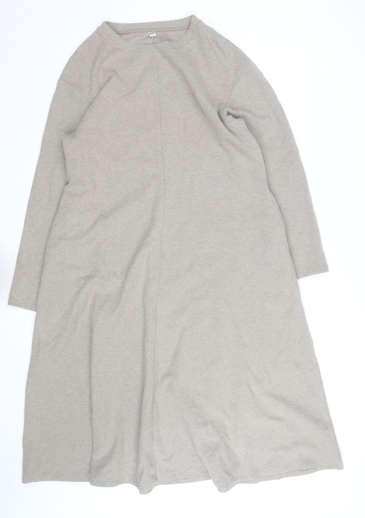 Uniqlo Women Beige Long Sleeve Midi Shift Dress L