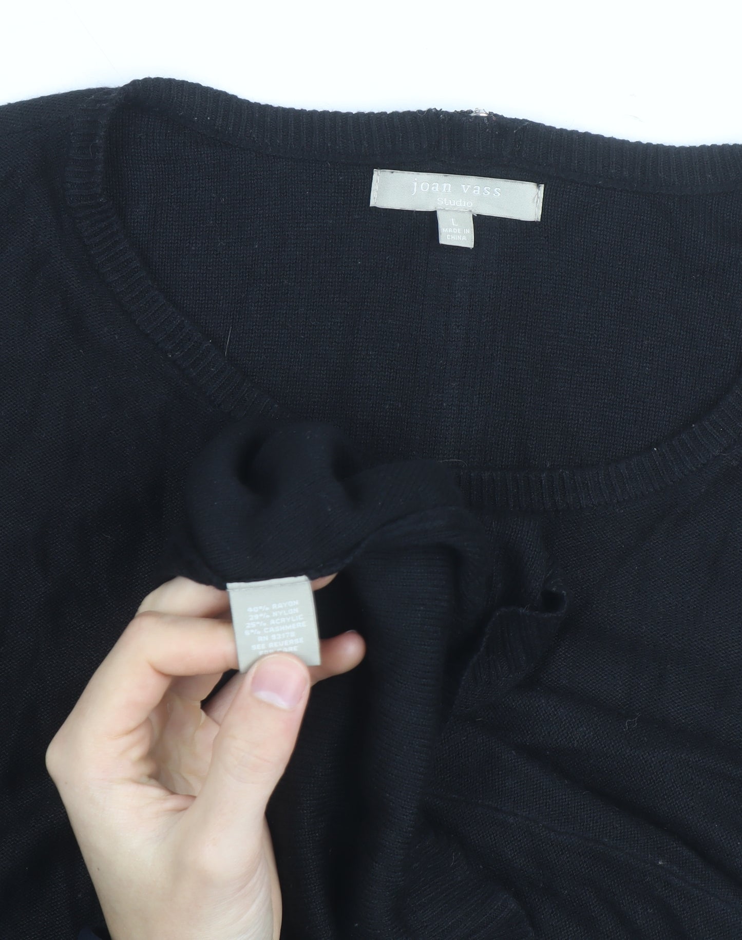 Joan Vass Women Black Long Sleeve Crew Neck Pullover Jumper Size L