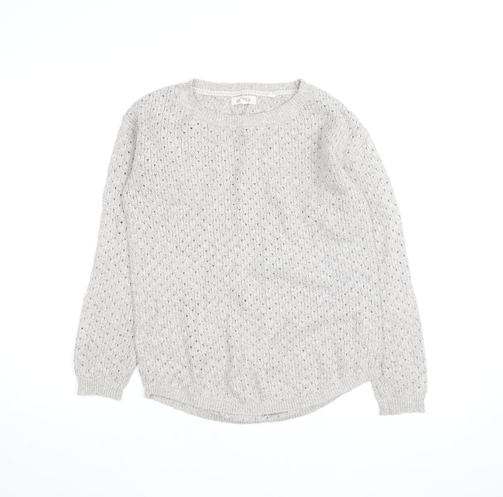Fat Face Women’s Grey Open-Knit Cotton Blend Jumper Size 8