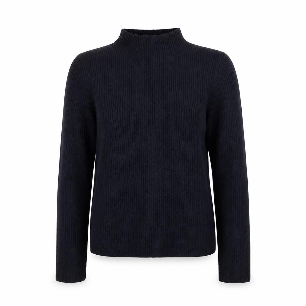 Front view of Mango Women Navy Blue Mock Neck Wool Blend Jumper, size L