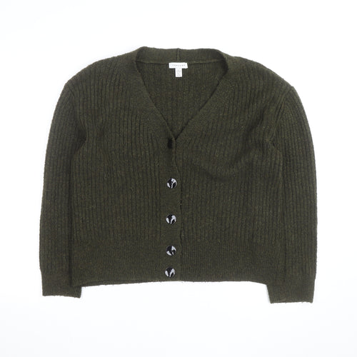 Topshop Women's Green V-Neck Ribbed Button Cardigan Size S